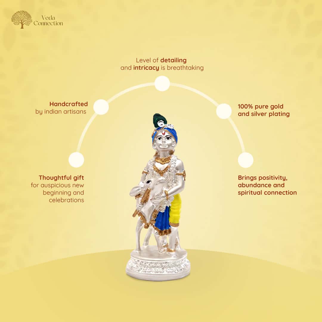 Silver Plated Krishna and Cow Idol with Elegant Matt Finish