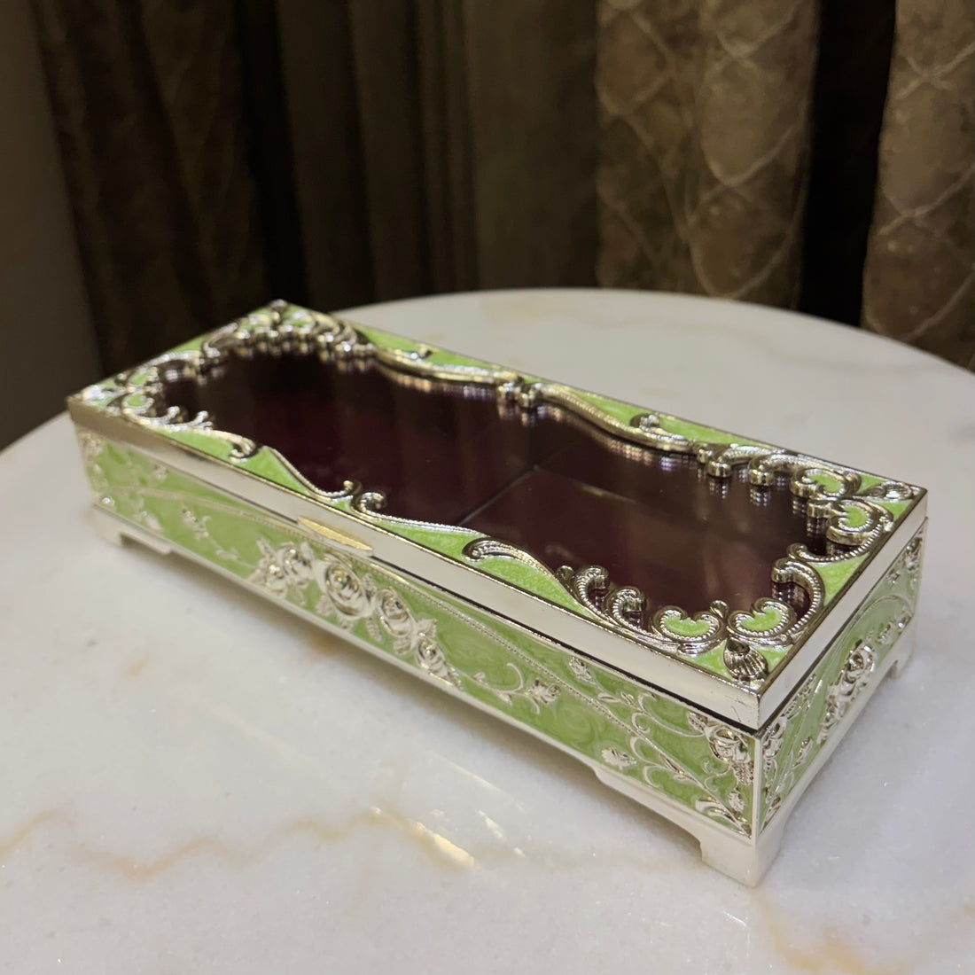 Silver Enamel Peacock Box with Transparent Lid