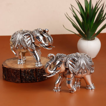Vastu Trunk Up Elephants Idol Set of 2 Antique Silver Plated
