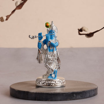 999 Silver Plated Krishna Ji Idol Playing Flute – 4.5 Inch