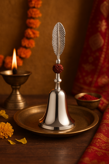 Brass Rudraksh Bell with Silver Plating – Divine Pooja Ghanti for Temple & Home Mandir - 6 inches