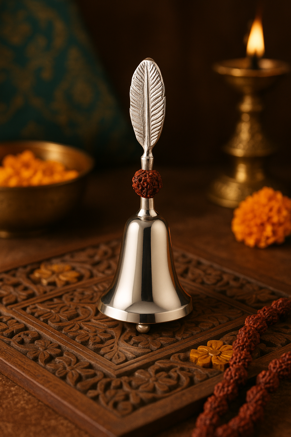 Brass Rudraksh Bell with Silver Plating – Divine Pooja Ghanti for Temple & Home Mandir - 6 inches