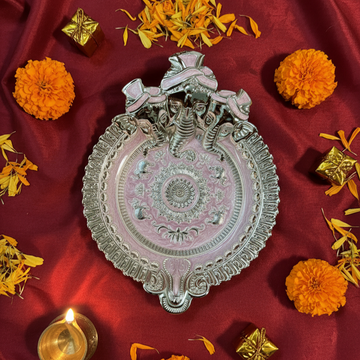 7 Inch Silver Enamel Ganesh Platter β Elegant Festive Gift Tray for Dry Fruits & Sweets