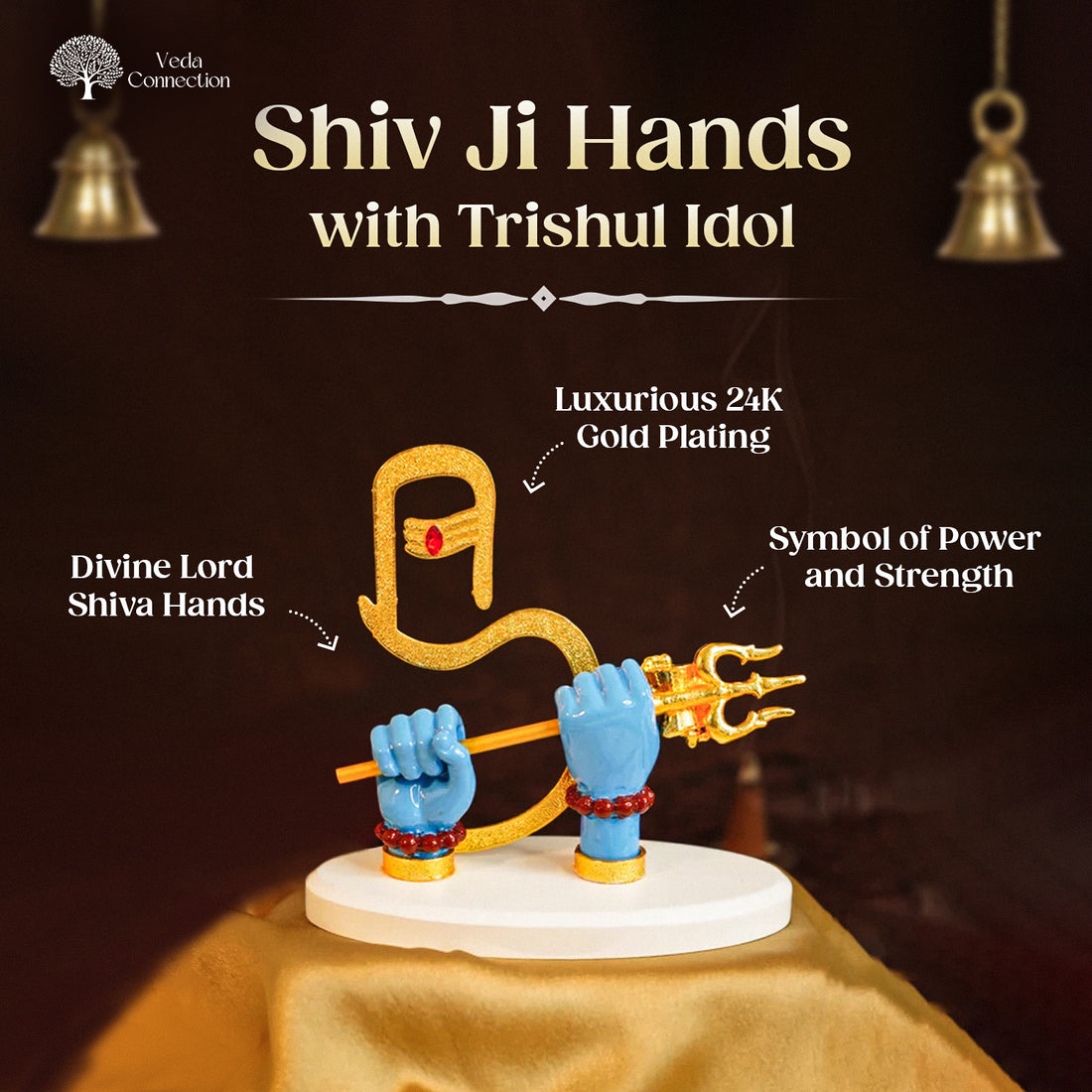 Veda Connection 24K Gold Plated Shiv Ji Hands with Trishul Idol – 5 Inches (Black)
