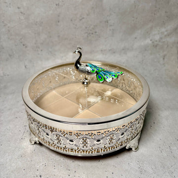 Peacock Dryfruit Box – 4 Compartment Silver Gift Box