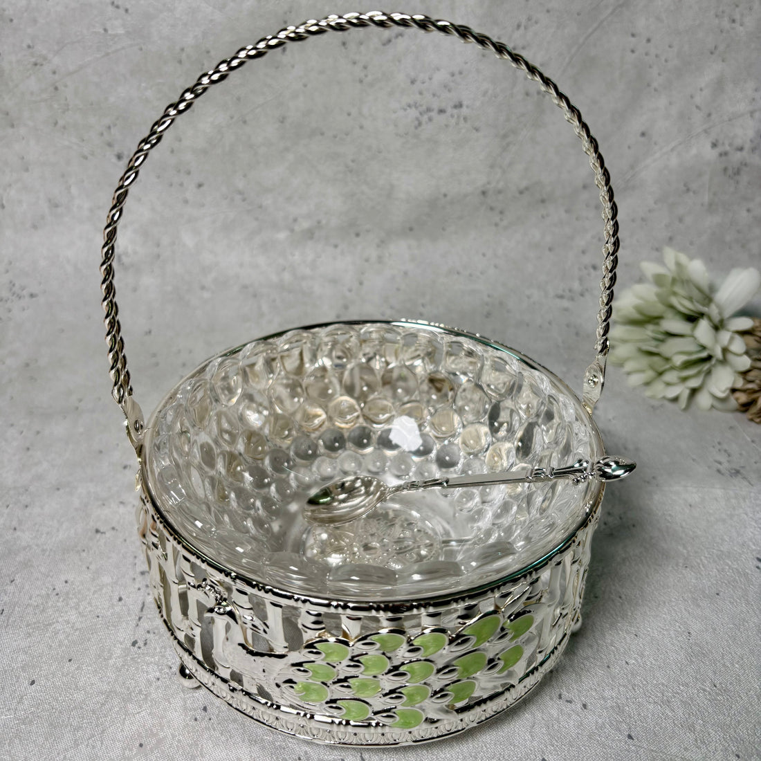 Silver Peacock Handle Basket with Glass Bowl