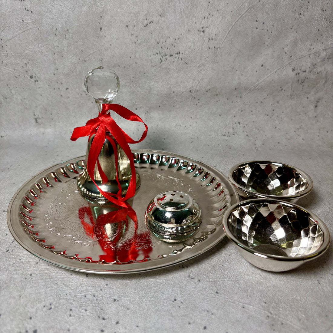 Silver Pooja Thali with Crystal Bell - Compact Divine Set for Daily Rituals & Gifting