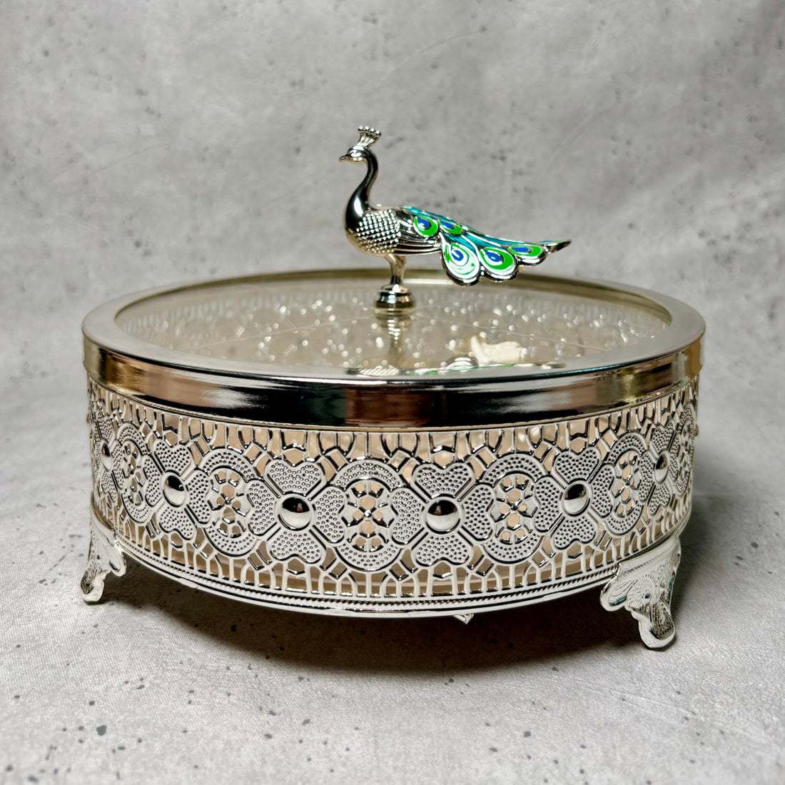 Peacock Dryfruit Box – 4 Compartment Silver Gift Box