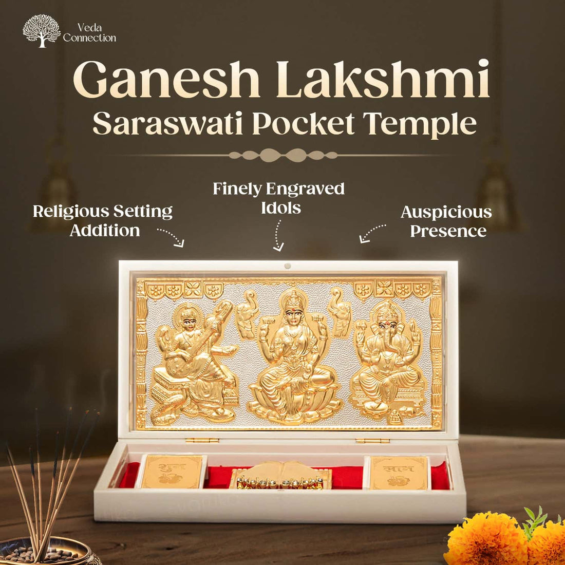 Ganesh Lakshmi Saraswati Pocket Temple 24 Karat Gold Coated