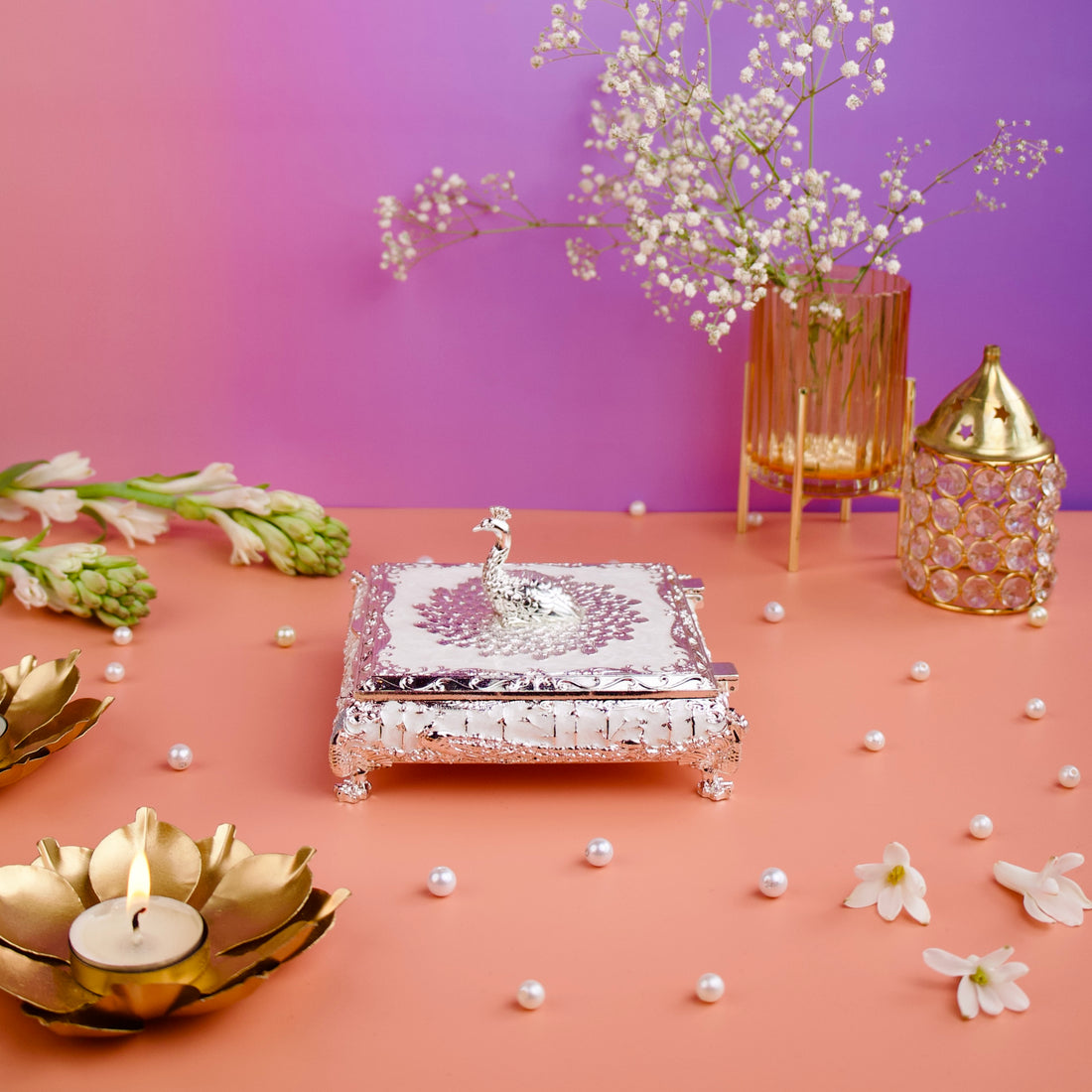 Silver Enamel Mukhwas Box – For Dry Fruit & Mouth Freshener