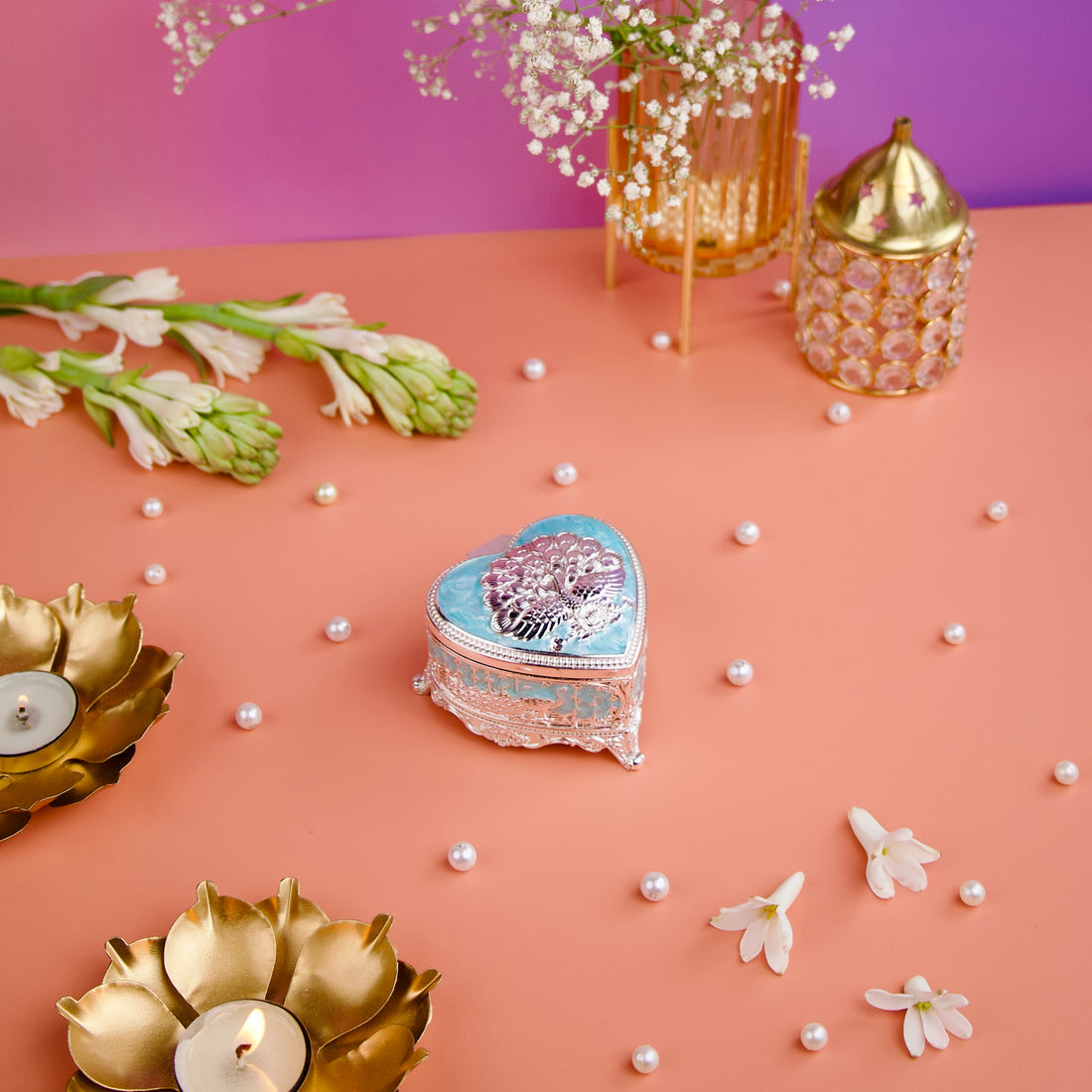 Elegant Heart-Shaped Silver Enamel Box for Jewelry, Dry Fruits & Gifting