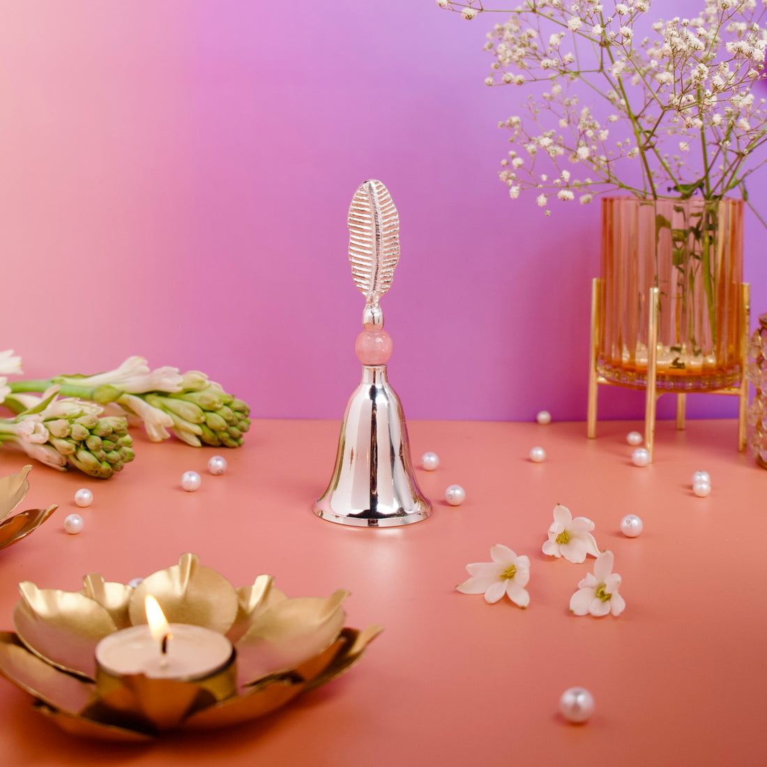 Brass Pink Enamel Silver Plated Diya & Bell Set – Elegant Festive Gift for Puja & Home