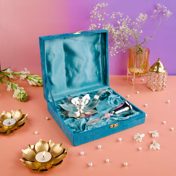 Brass Pink Enamel Silver Plated Diya & Bell Set – Elegant Festive Gift for Puja & Home