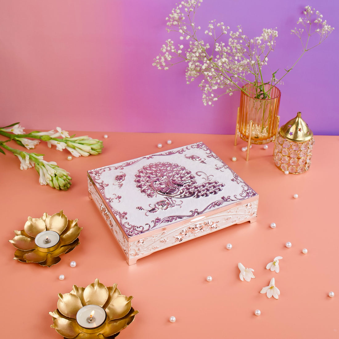 Peacock Enamel Dry Fruit Box – 4 Compartment