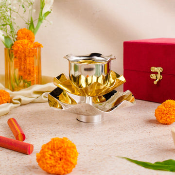 Divine Lotus Diya – Layered Brass Lamp in Gold & Silver Finish