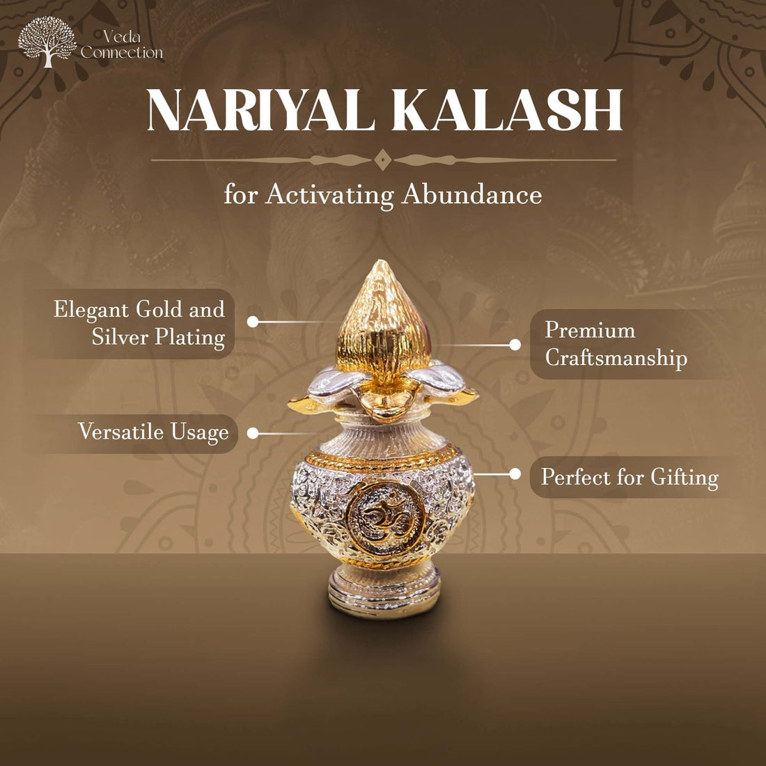 Nariyal Kalash for Activating Abundance - Gold and Silver Plated