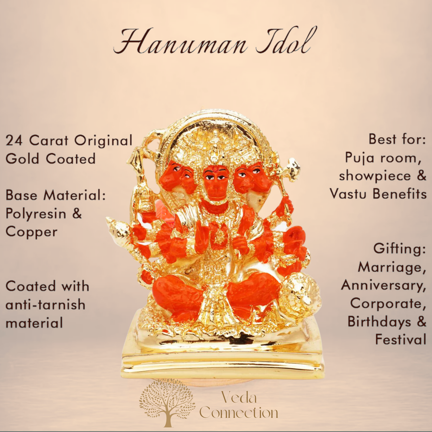 Panchmuki Hanuman Ji Murti Statue 24K Gold Coated Idol