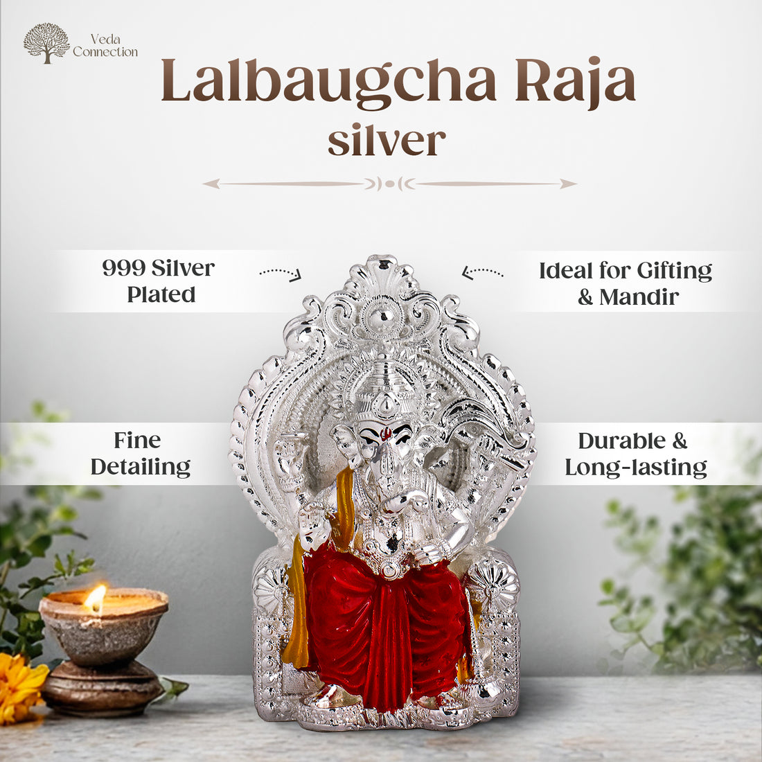 999 Silver Plated Ganesh Ji Lalbaugcha Raja Idol – 3 Inch