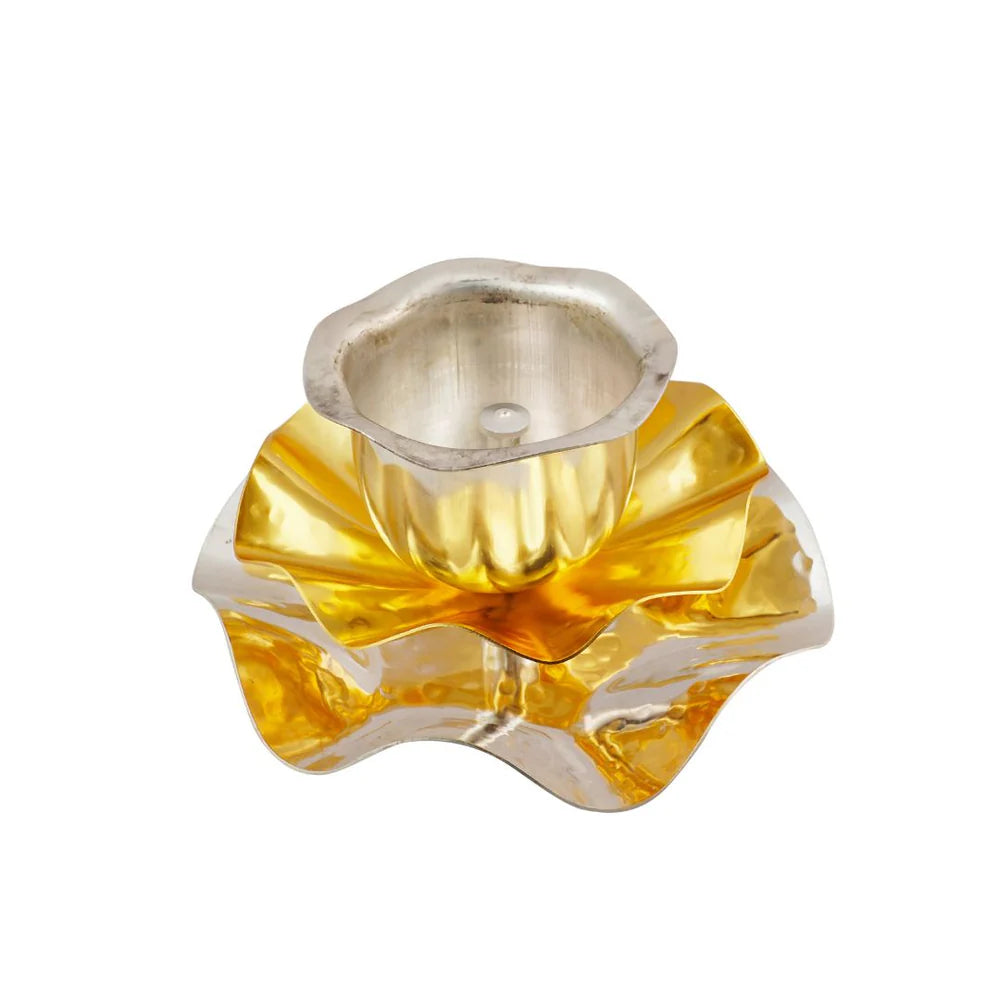Divine Lotus Diya – Layered Brass Lamp in Gold & Silver Finish