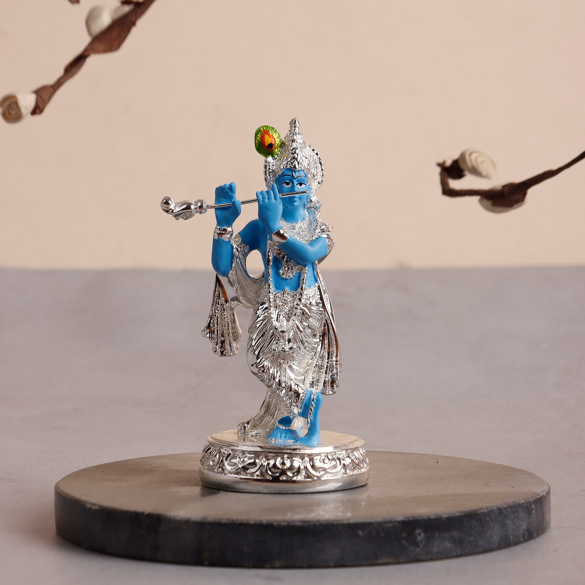 999 Silver Plated Krishna Ji Idol Playing Flute – 4.5 Inch