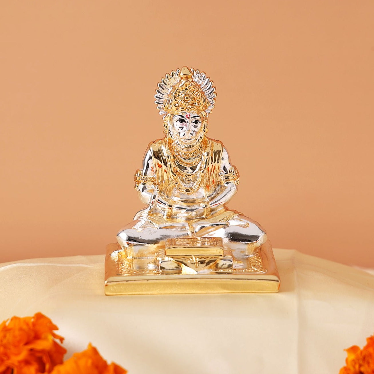 Meditating Lord Hanuman Murti - 24K Gold and 999 Silver Plated Idol