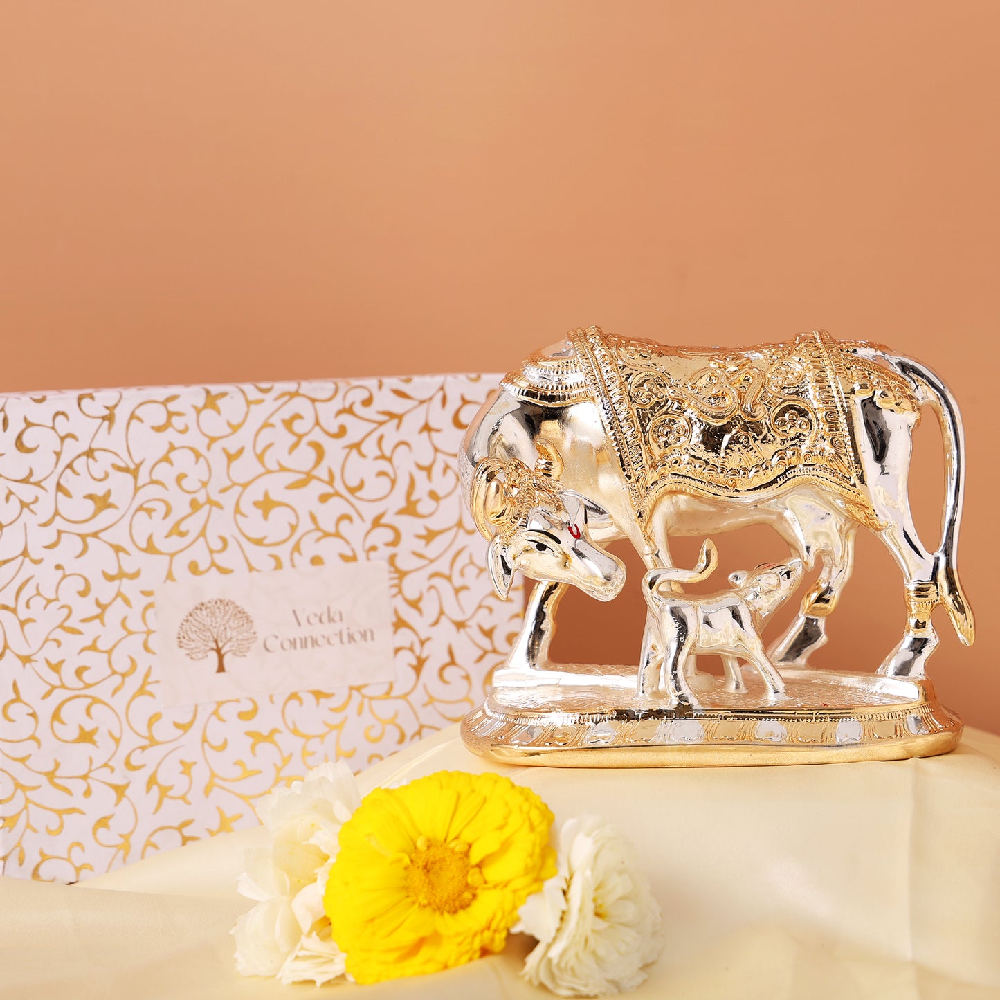 Vastu Kamdhenu Cow with Calf Idol Gold and Silver Plated Statue