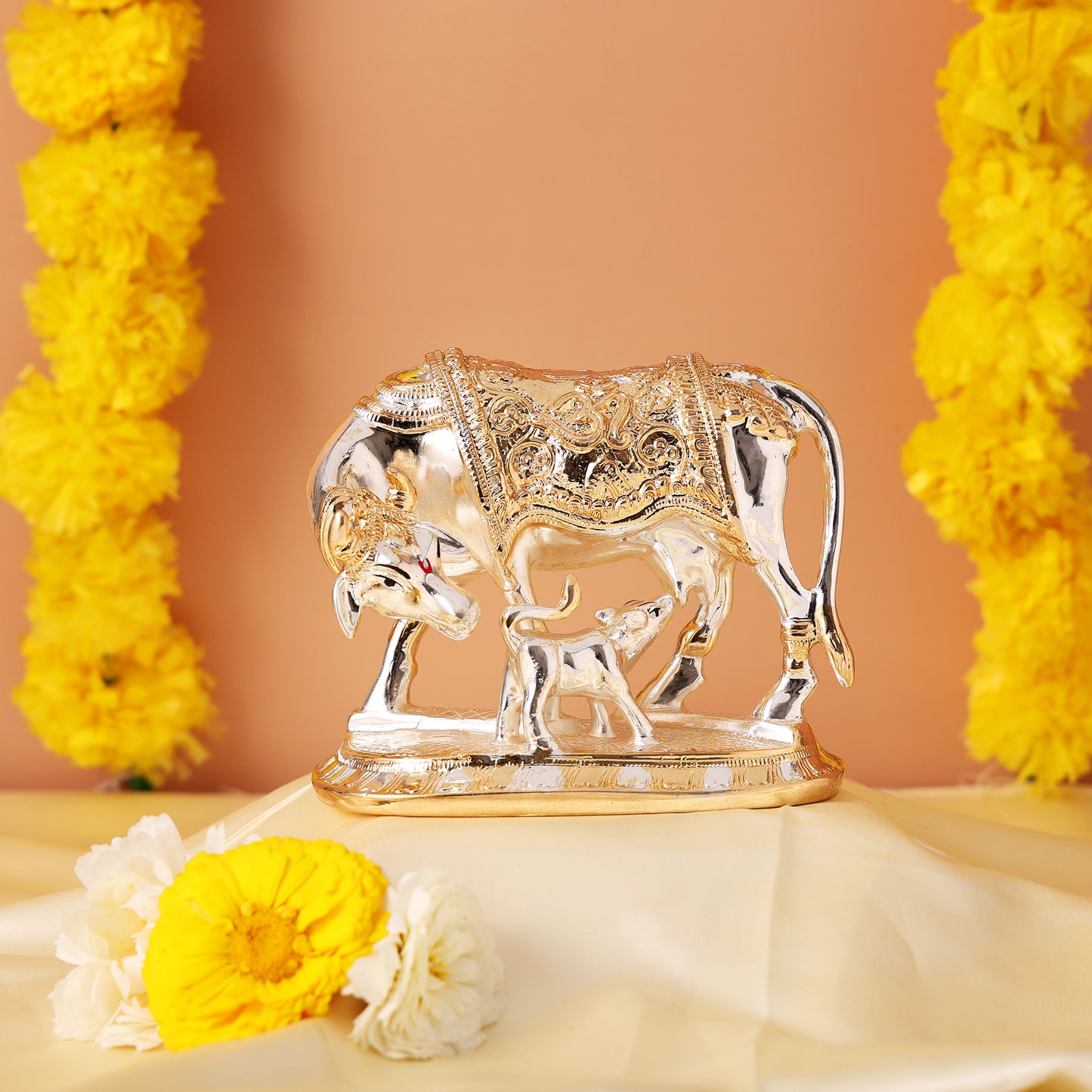 Vastu Kamdhenu Cow with Calf Idol Gold and Silver Plated Statue