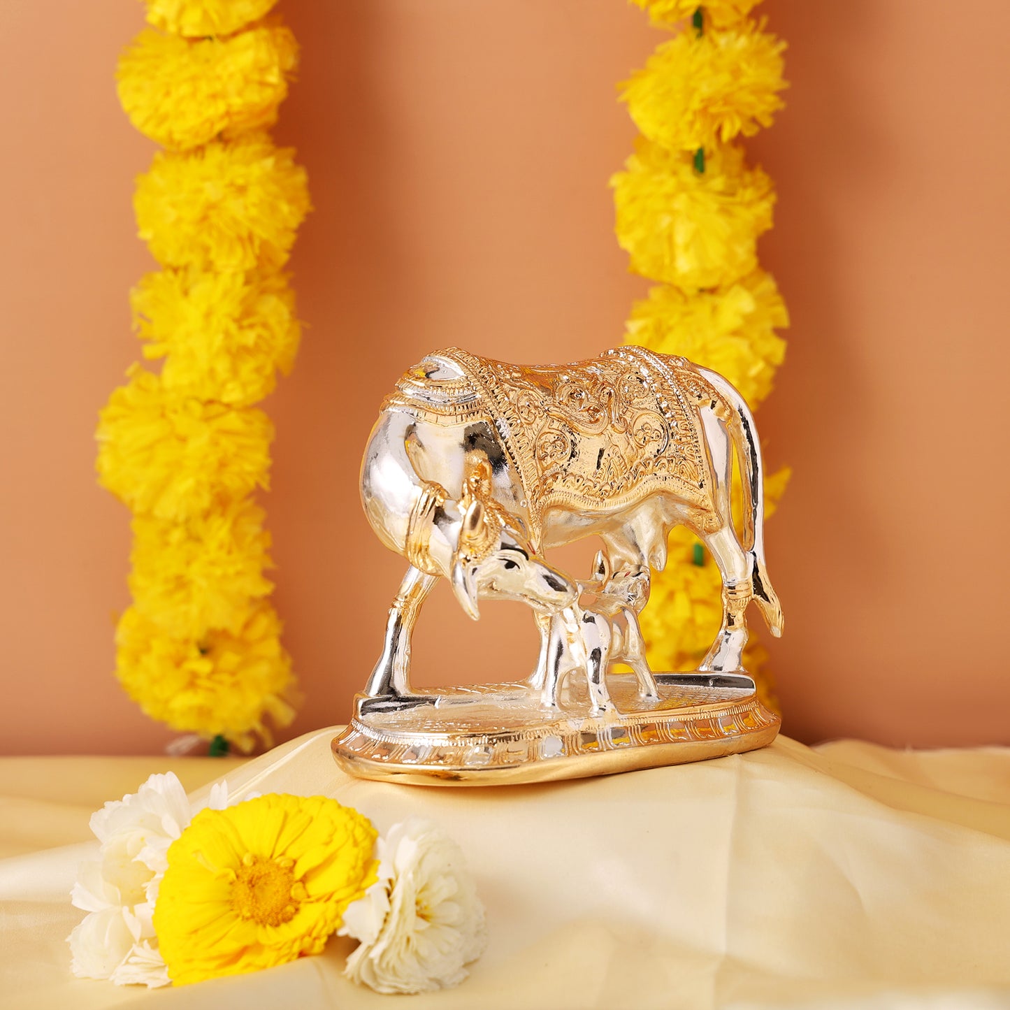 Vastu Kamdhenu Cow with Calf Idol Gold and Silver Plated Statue