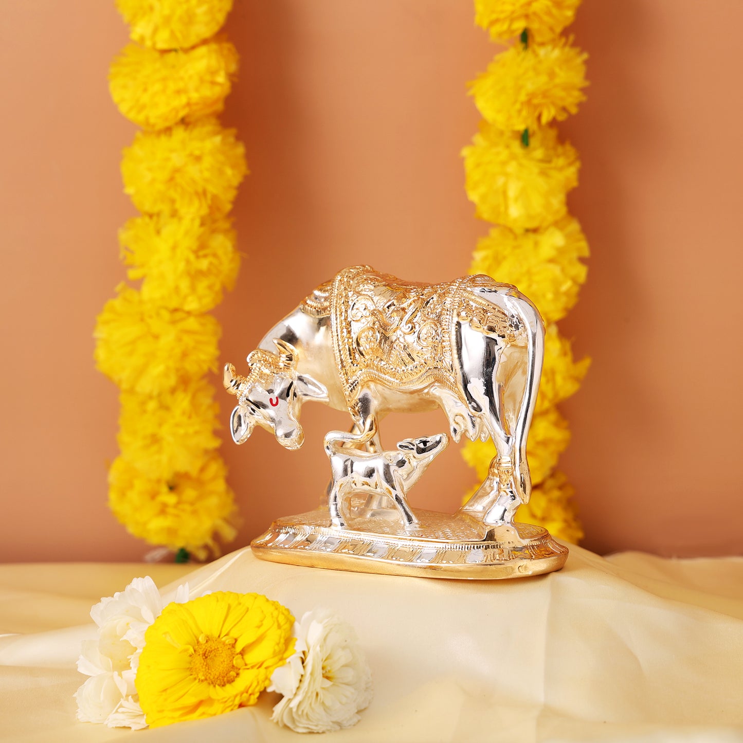 Vastu Kamdhenu Cow with Calf Idol Gold and Silver Plated Statue