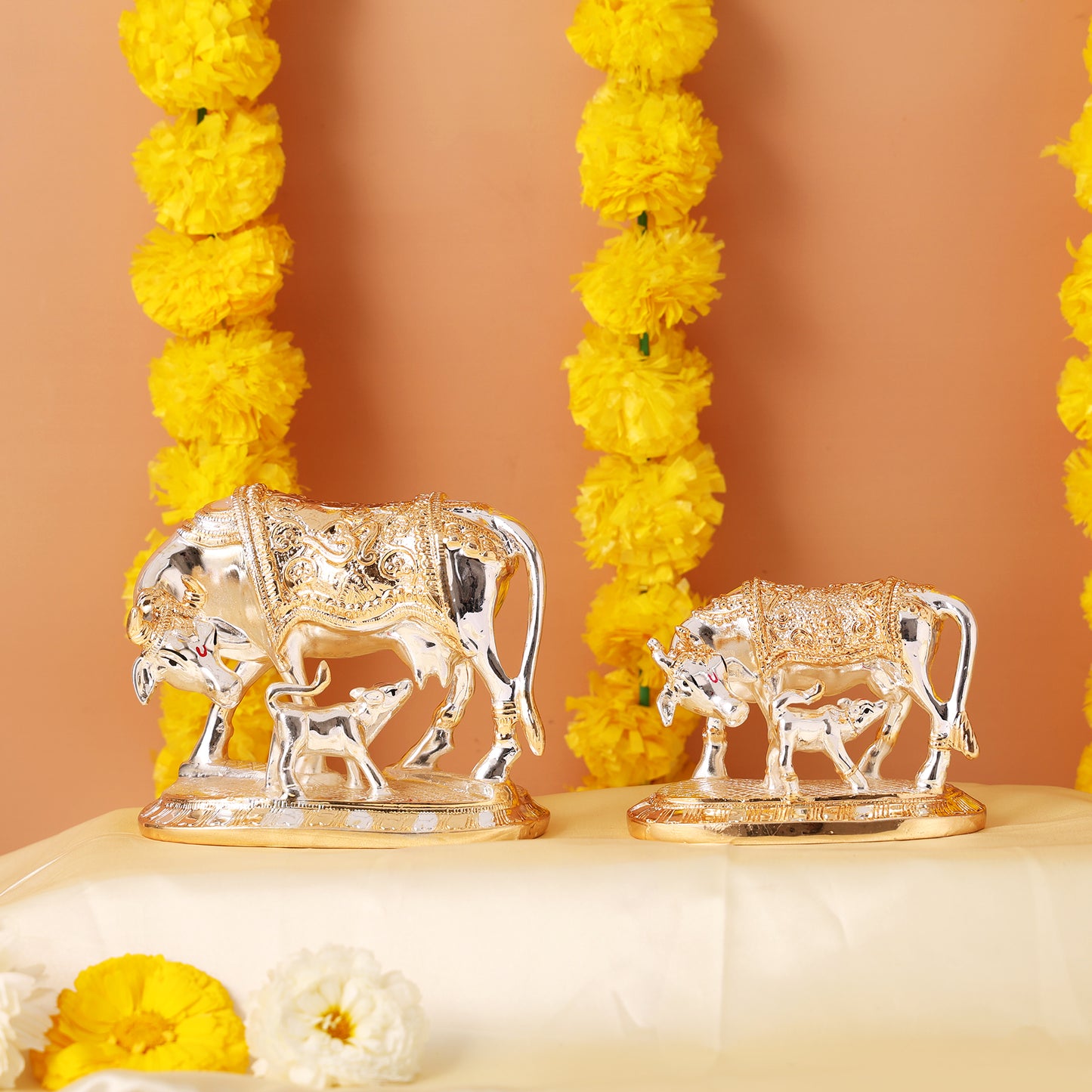 Vastu Kamdhenu Cow with Calf Idol Gold and Silver Plated Statue