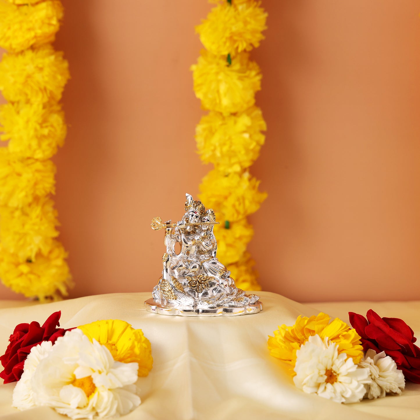 Radha Krishna Murti with Peacock - Gold and Silver Plated