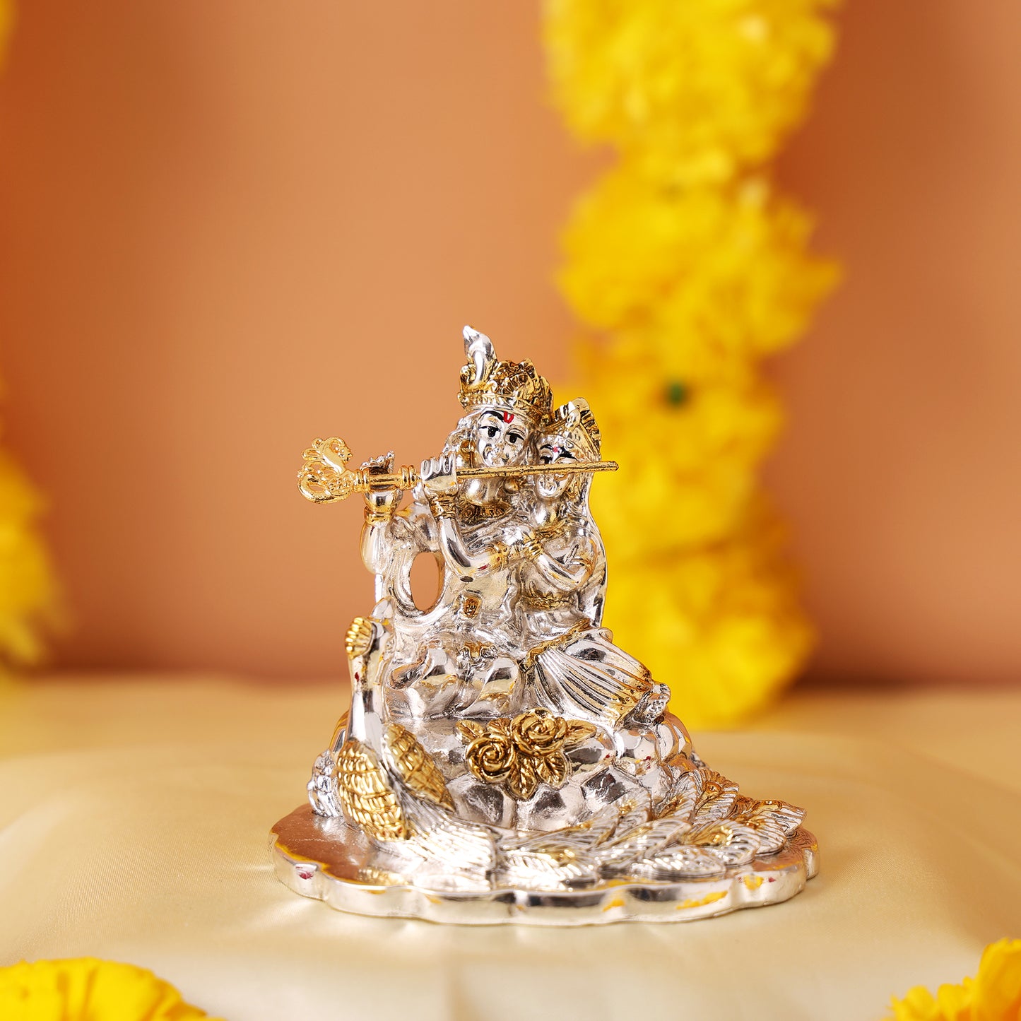 Radha Krishna Murti with Peacock - Gold and Silver Plated