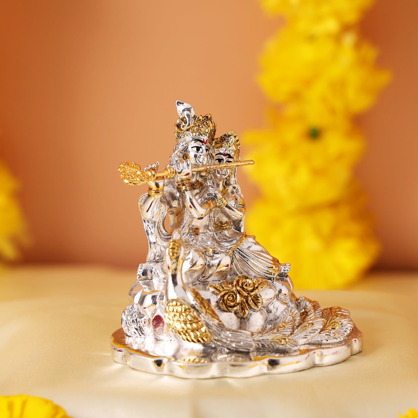 Radha Krishna Murti with Peacock - Gold and Silver Plated