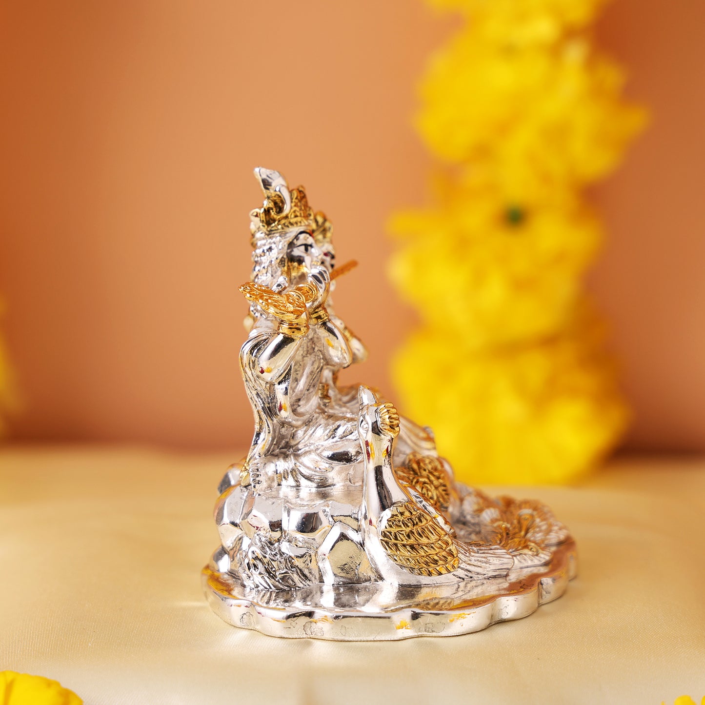 Radha Krishna Murti with Peacock - Gold and Silver Plated