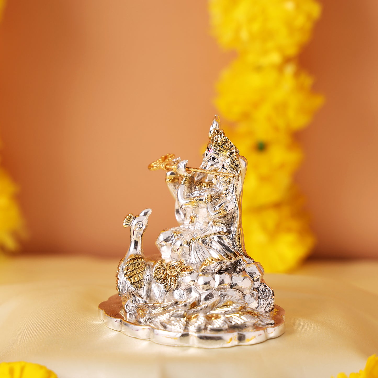 Radha Krishna Murti with Peacock - Gold and Silver Plated