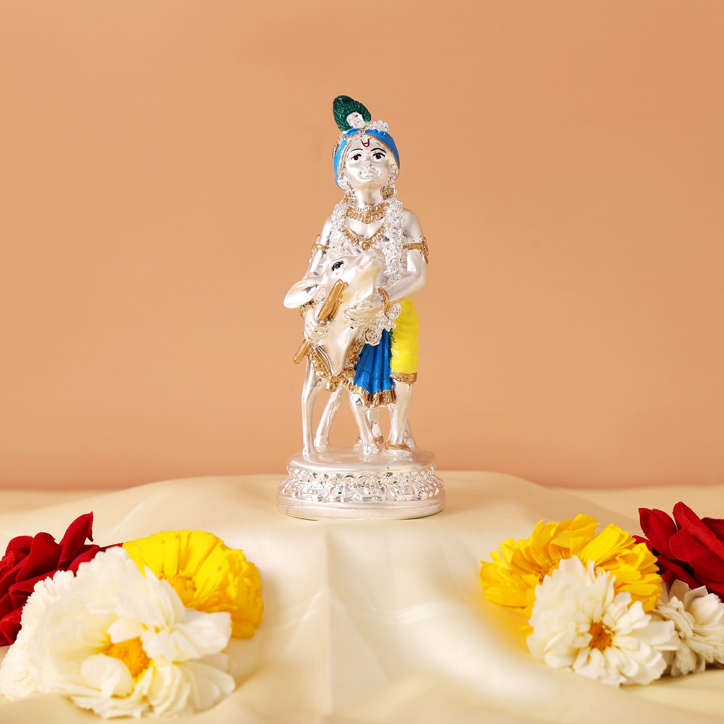 Silver Plated Krishna and Cow Idol with Elegant Matt Finish