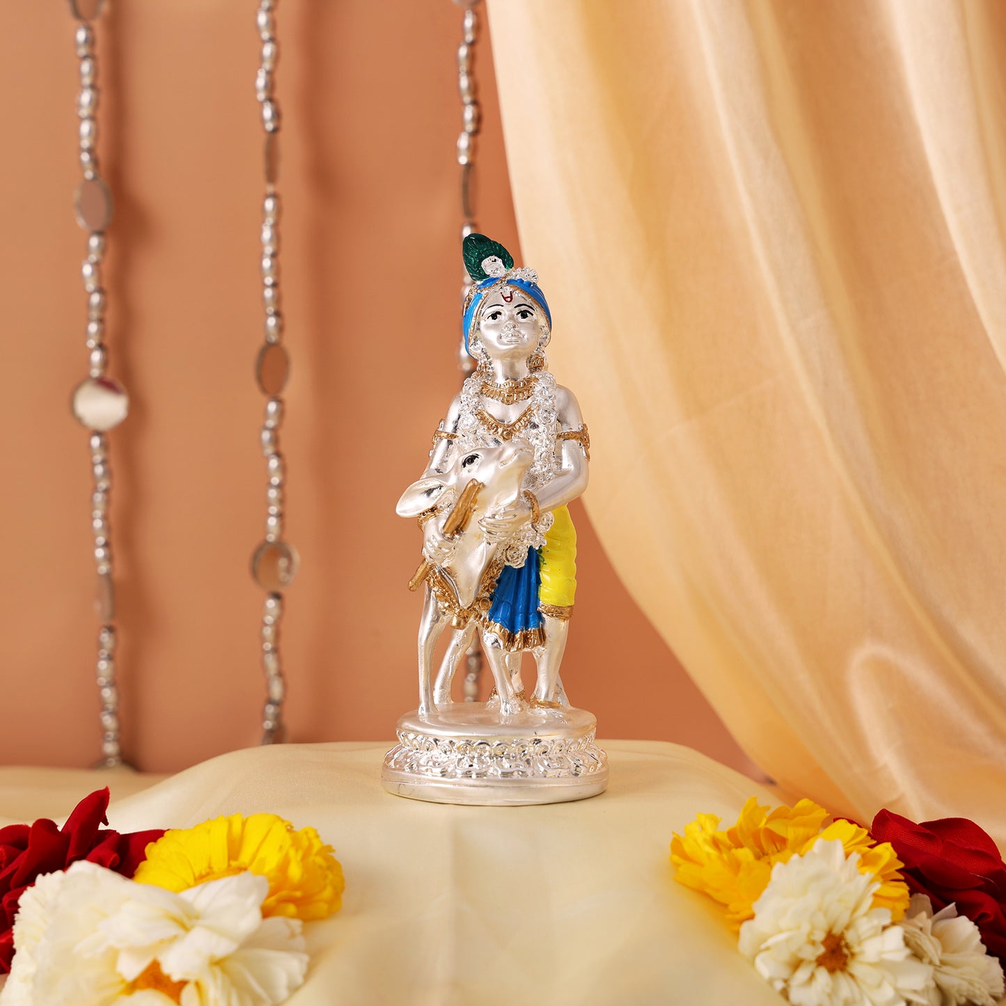 Silver Plated Krishna and Cow Idol with Elegant Matt Finish