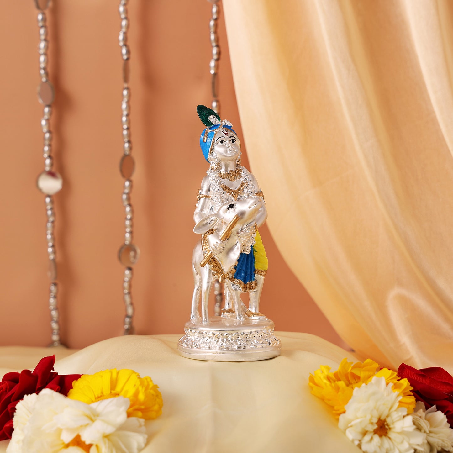 Silver Plated Krishna and Cow Idol with Elegant Matt Finish