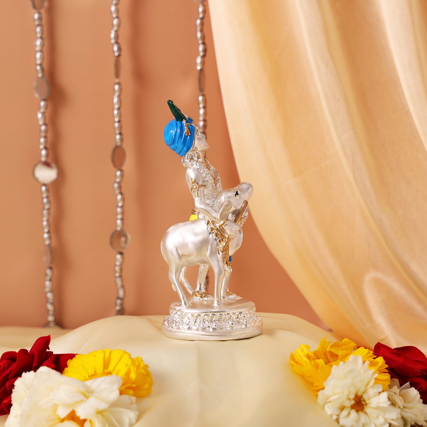 Silver Plated Krishna and Cow Idol with Elegant Matt Finish