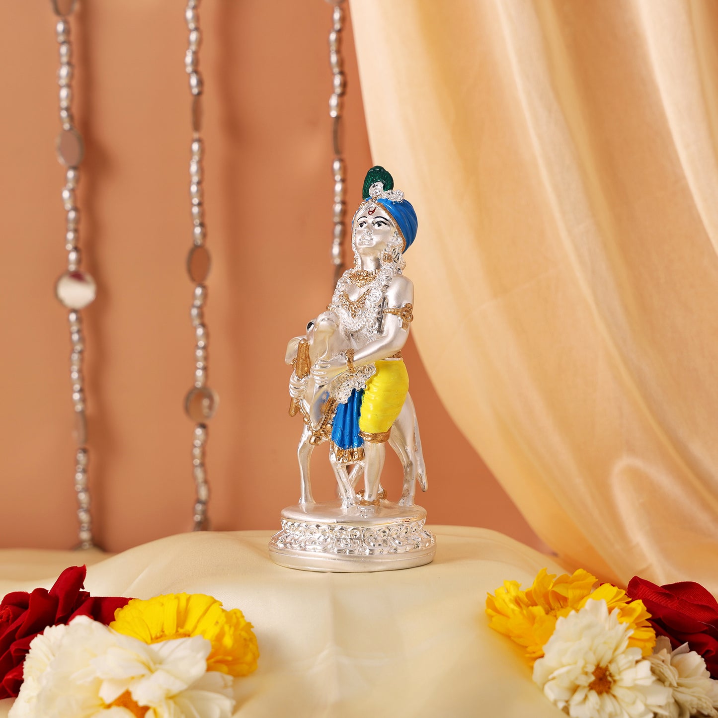 Silver Plated Krishna and Cow Idol with Elegant Matt Finish