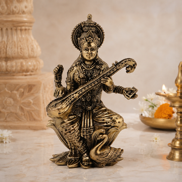 Brass Saraswati Ji Idol | Idol of Wisdom & Arts for Home, Study & Gifting