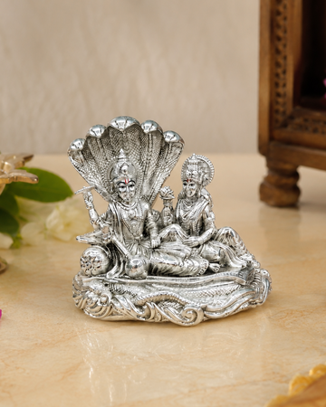 Lakshmi Narayan on Shesh Naag Silver Plated Idol | Lord Vishnu Murti for Home Temple, Pooja & Gifting