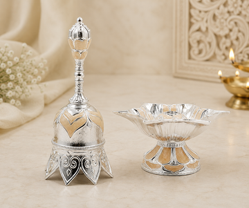 Premium Silver Plated Bell & Incense Holder Combo with Velvet Gift Box | Luxury Pooja Gift Set