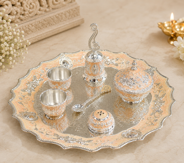 Luxury Silver Plated Meenakari Pooja Thali Set with Premium Leather Box – Designer Puja Thali for Wedding & Gifting
