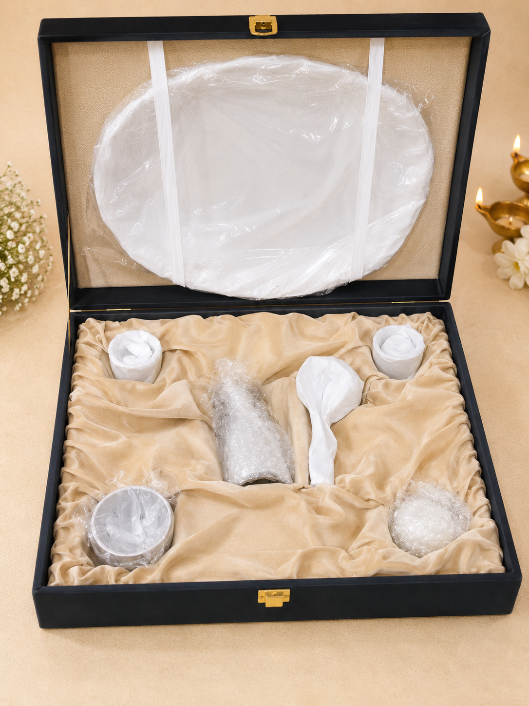Luxury Silver Plated Meenakari Pooja Thali Set with Premium Leather Box – Designer Puja Thali for Wedding & Gifting