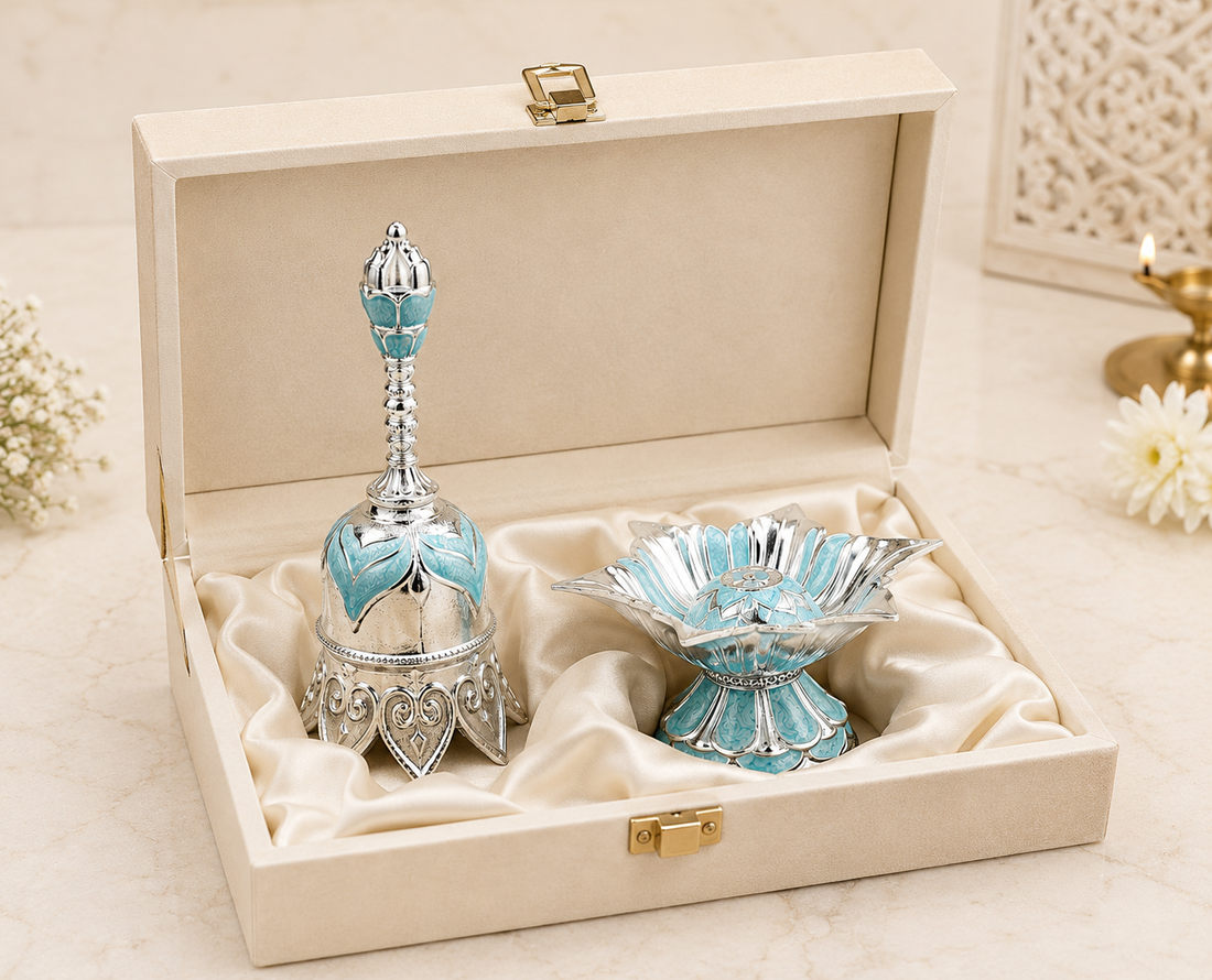 Premium Silver Plated Bell & Incense Holder Combo with Velvet Gift Box | Luxury Pooja Gift Set