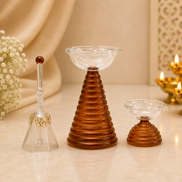 Glow Ritual Set – Premium Glass Bell & 2 Designer Diyas for Home Temple, Aarti & Festive Decor | Elegant Puja Gift Set