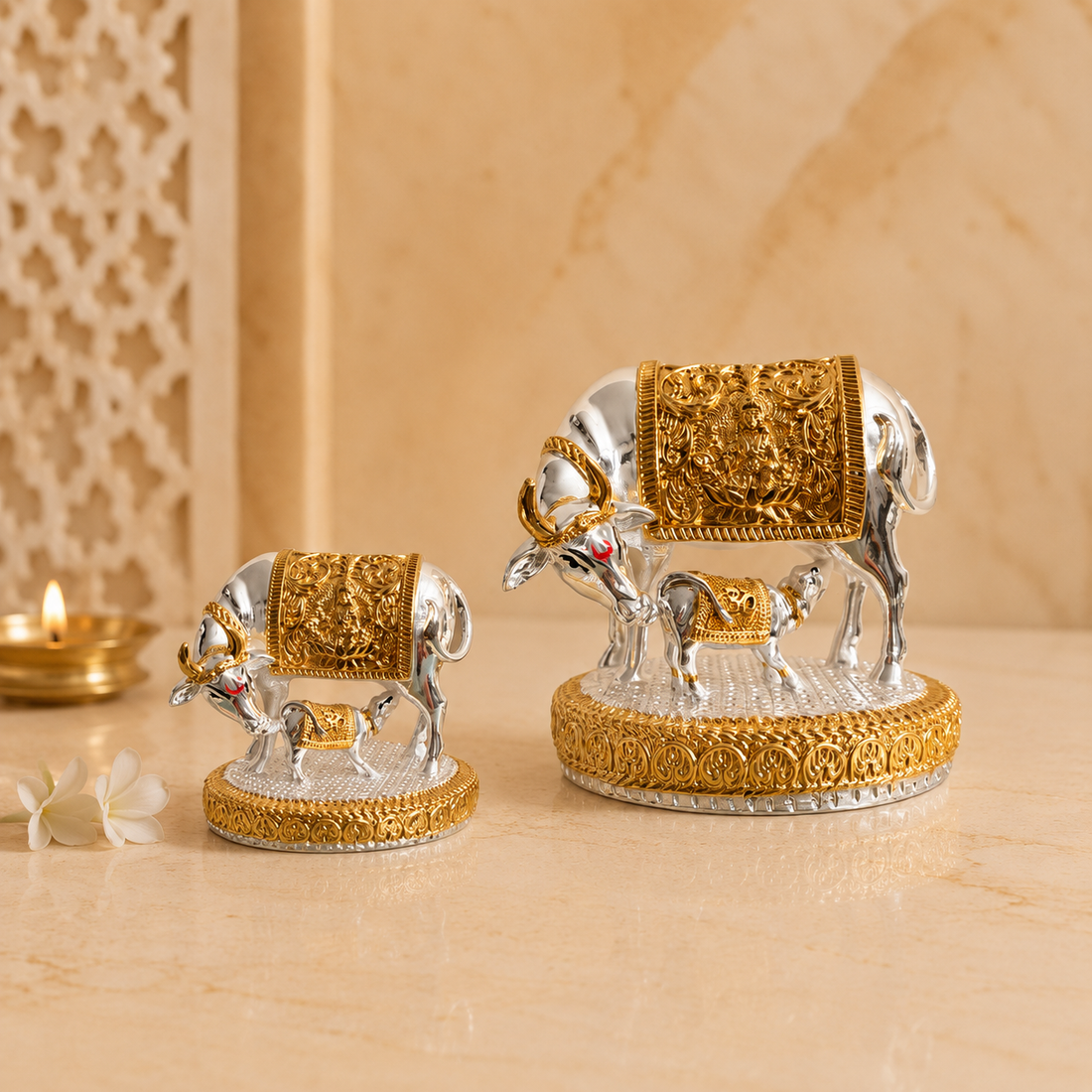Shree Kamdhenu Cow Idol - Gold and Silver plated | Veda Connection