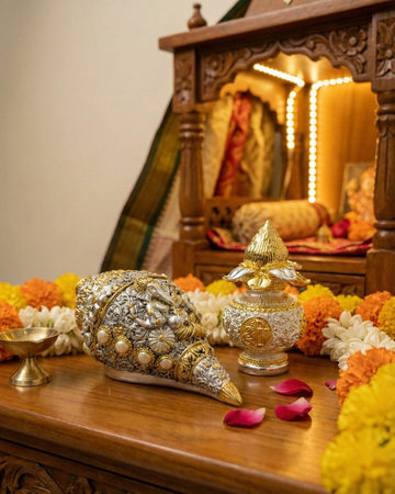 Ganesh Shankh (5 Inch) + Nariyal Kalash (3.5 Inch) Combo | Gold & Silver Plated Vastu Puja Set for Prosperity & Auspicious Beginnings