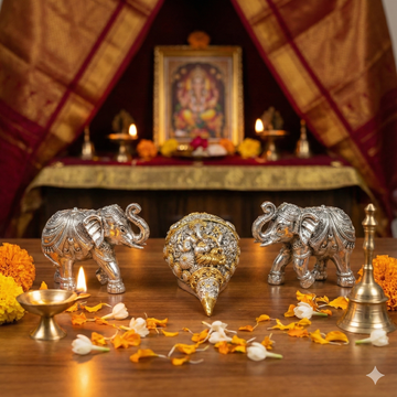 Ganesh Shankh (5 Inch) + Vastu Elephant Pair (Silver Plated) | Powerful Vastu Combo for Success, Protection & Prosperity
